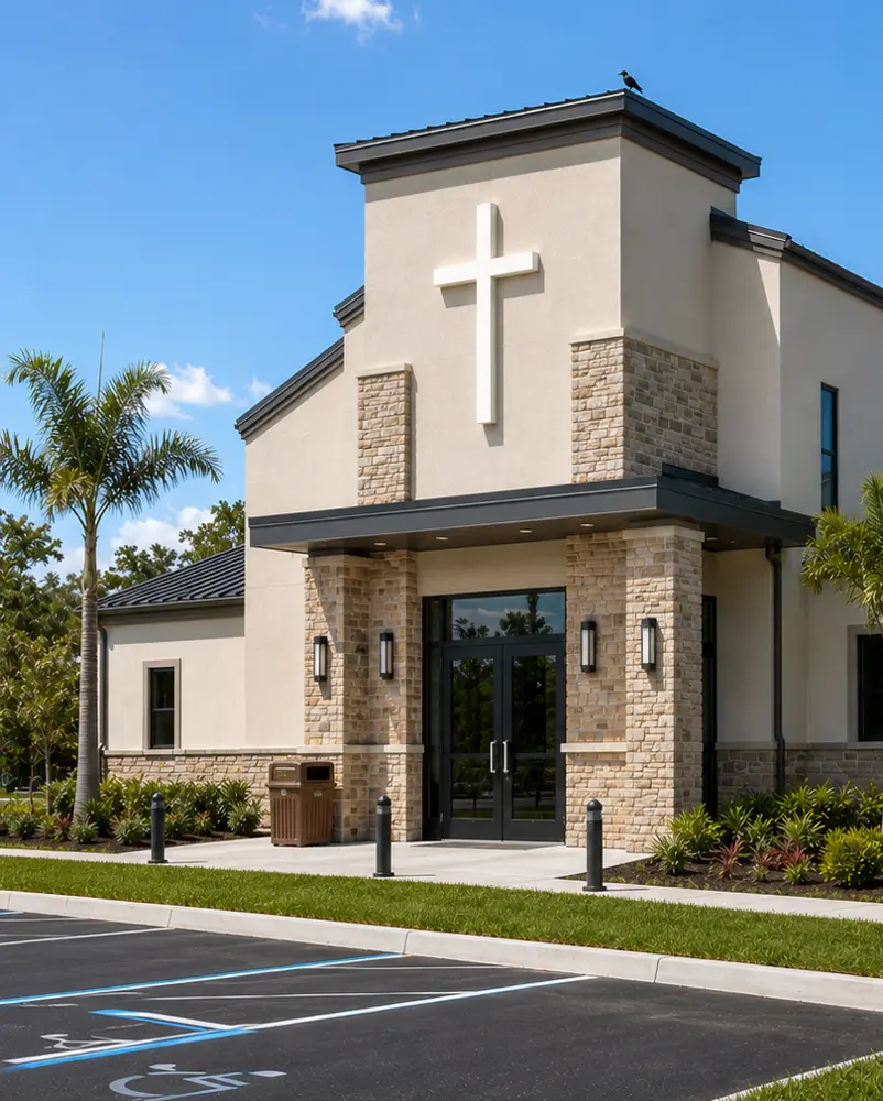 Small church building with stone entrance, metal roof and accessible parking
