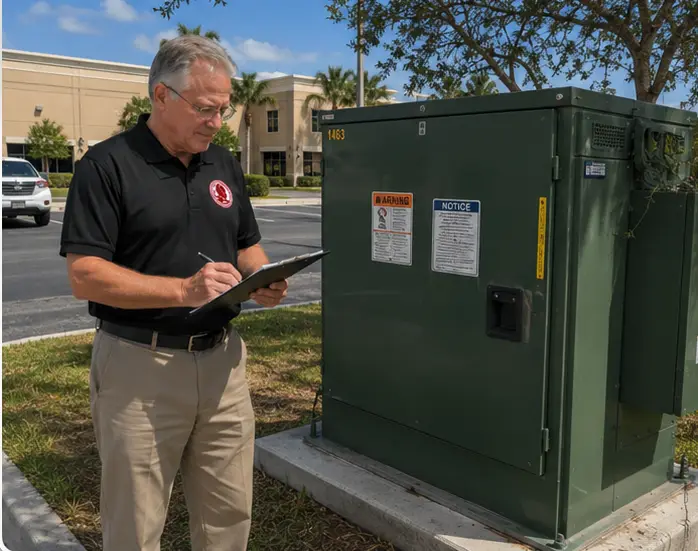 Grant Doutt documenting site conditions beside a utility cabinet on a commercial property