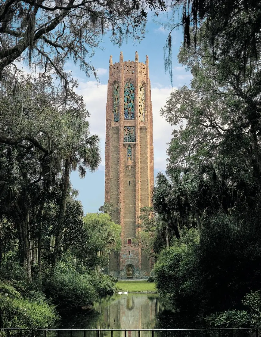 Historic Bok Tower rising above live oaks and gardens in Lake Wales, Polk County