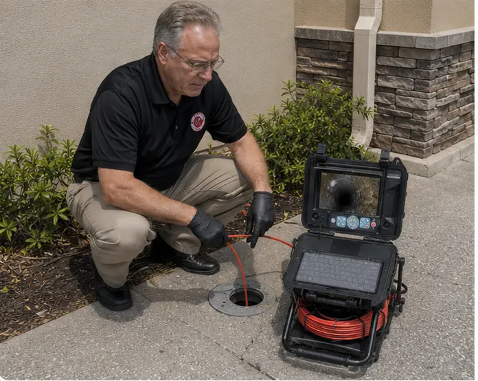 Grant Doutt running a sewer camera inspection at a commercial property